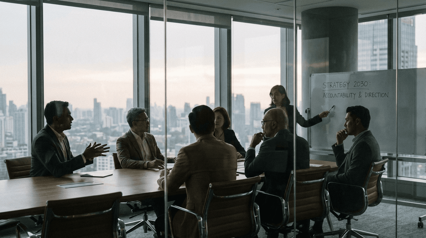 Leadership team in discussion by floor-to-ceiling windows, reflecting long-term direction and accountability