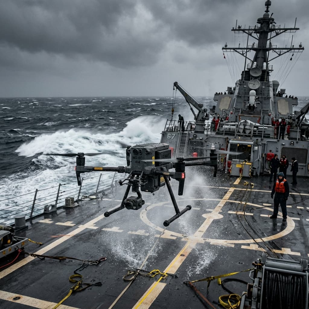 Cinematic photography of a rugged, corrosion-resistant quadcopter drone launching from the pitching, wet deck of a military naval vessel during a stormy gray daytime operation