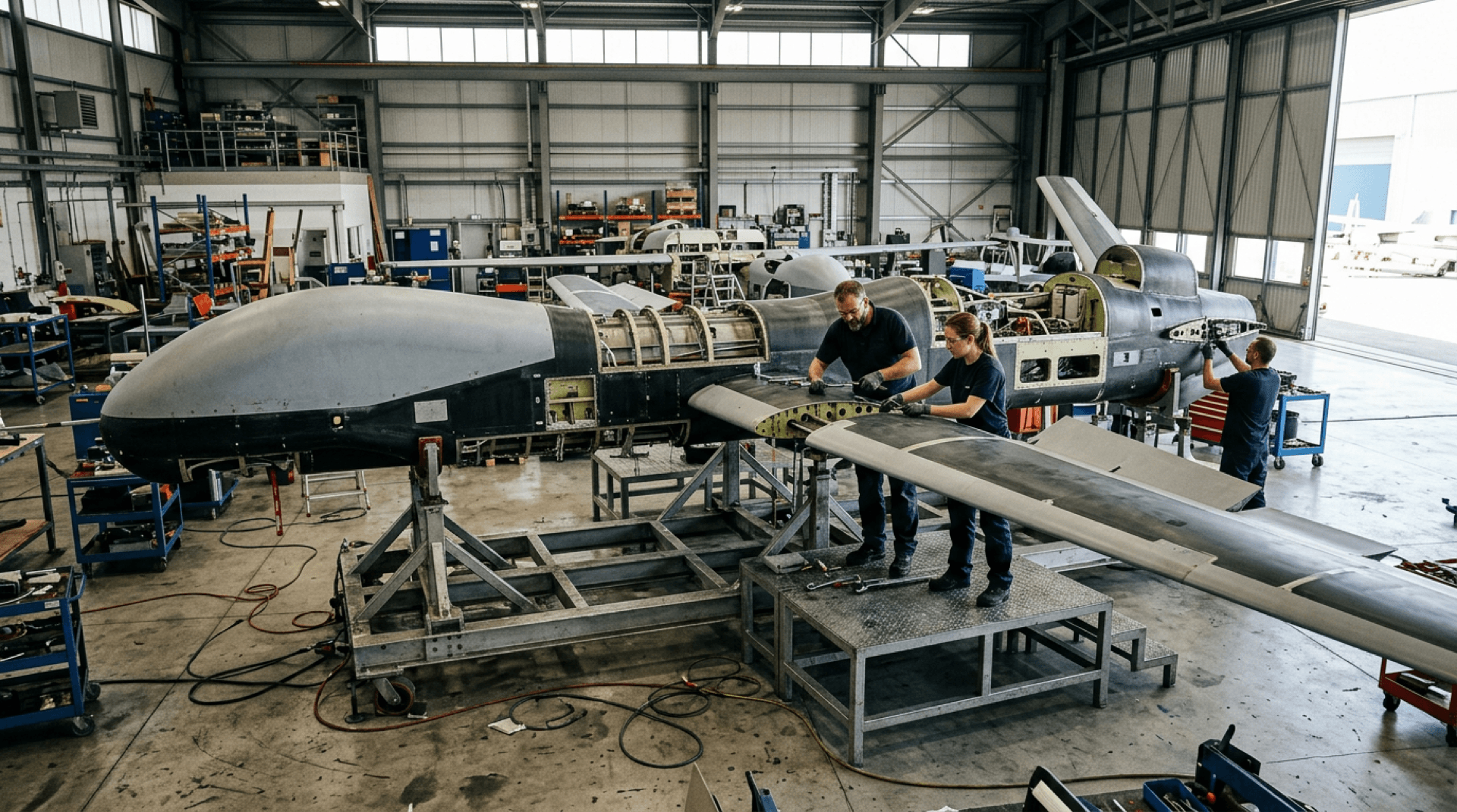 Fixed-wing unmanned aircraft fuselage and wing assembly on a hangar work stand