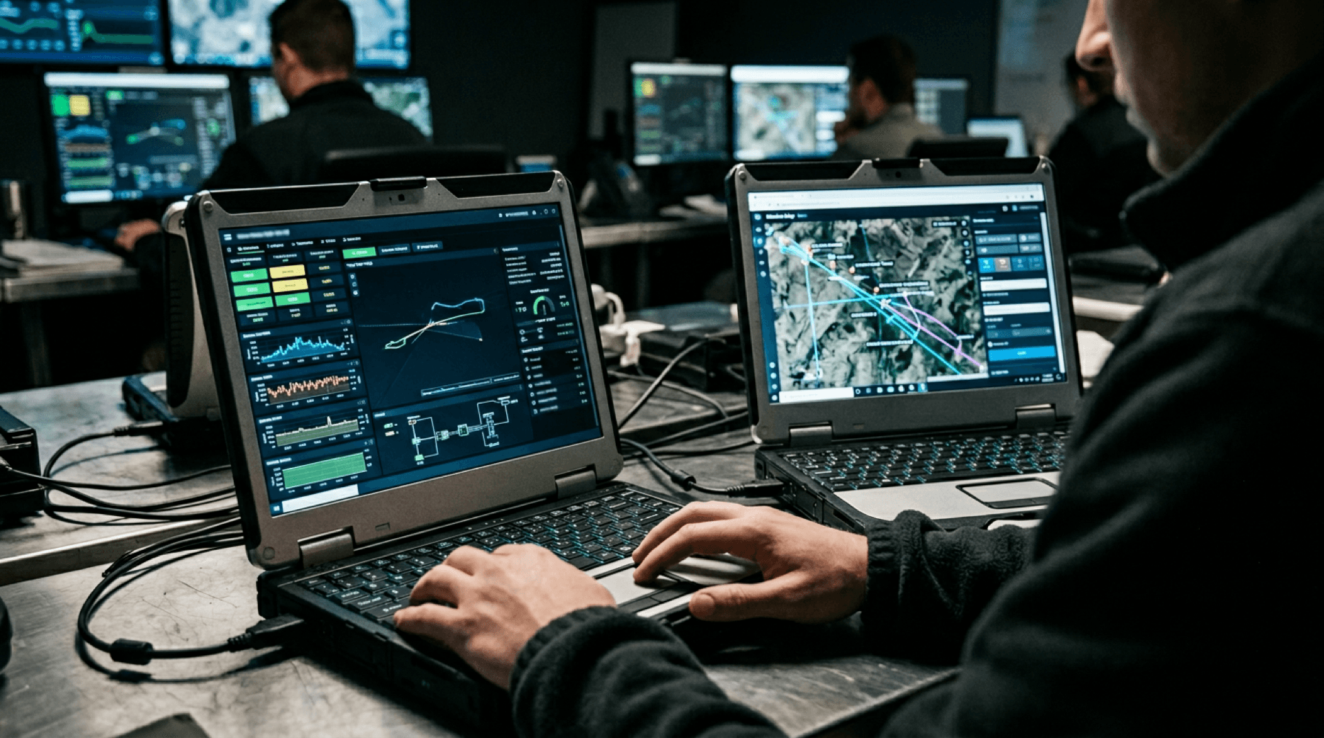 Ground control station laptops showing telemetry and command interfaces