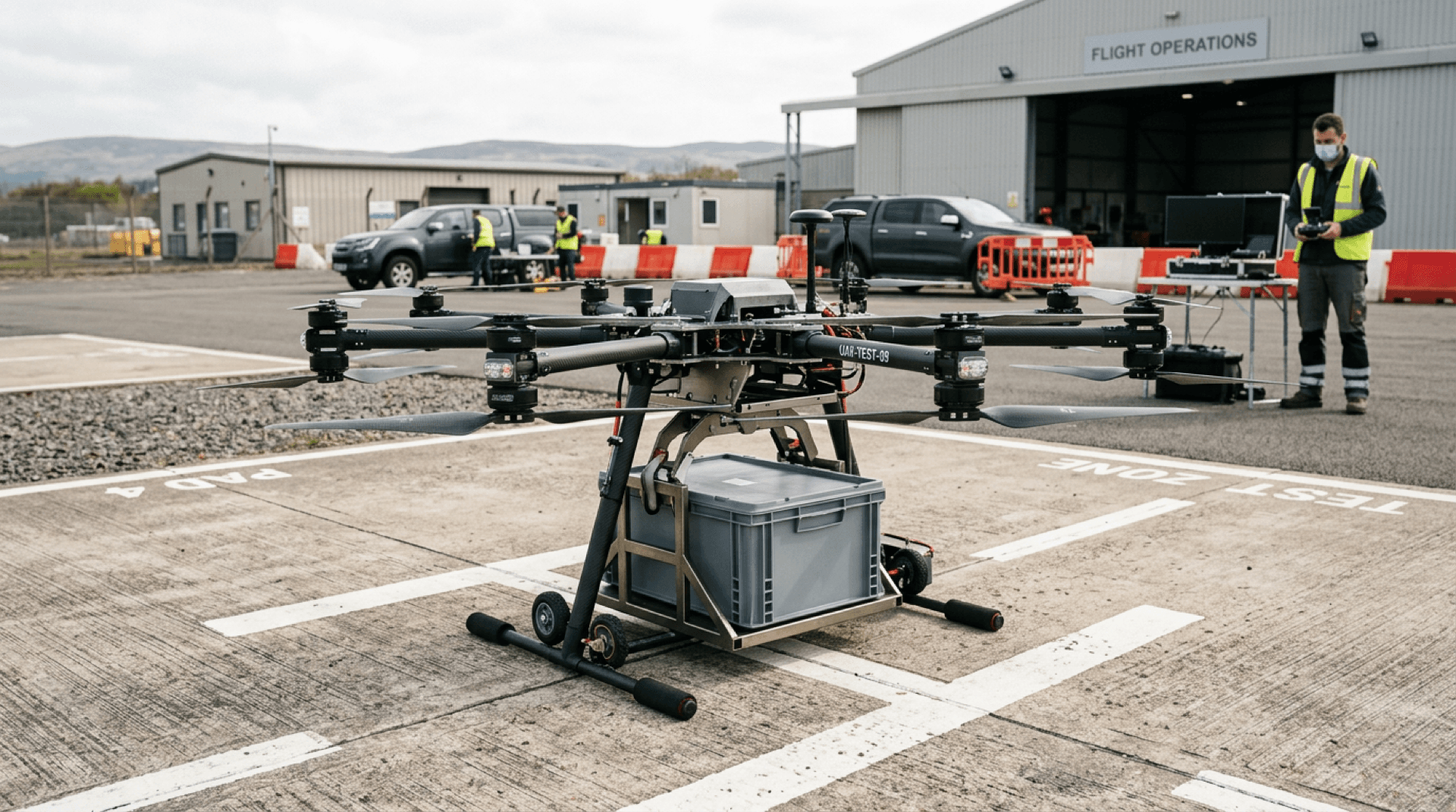 Delivery-class UAV with cargo bay and release mechanism on a test pad