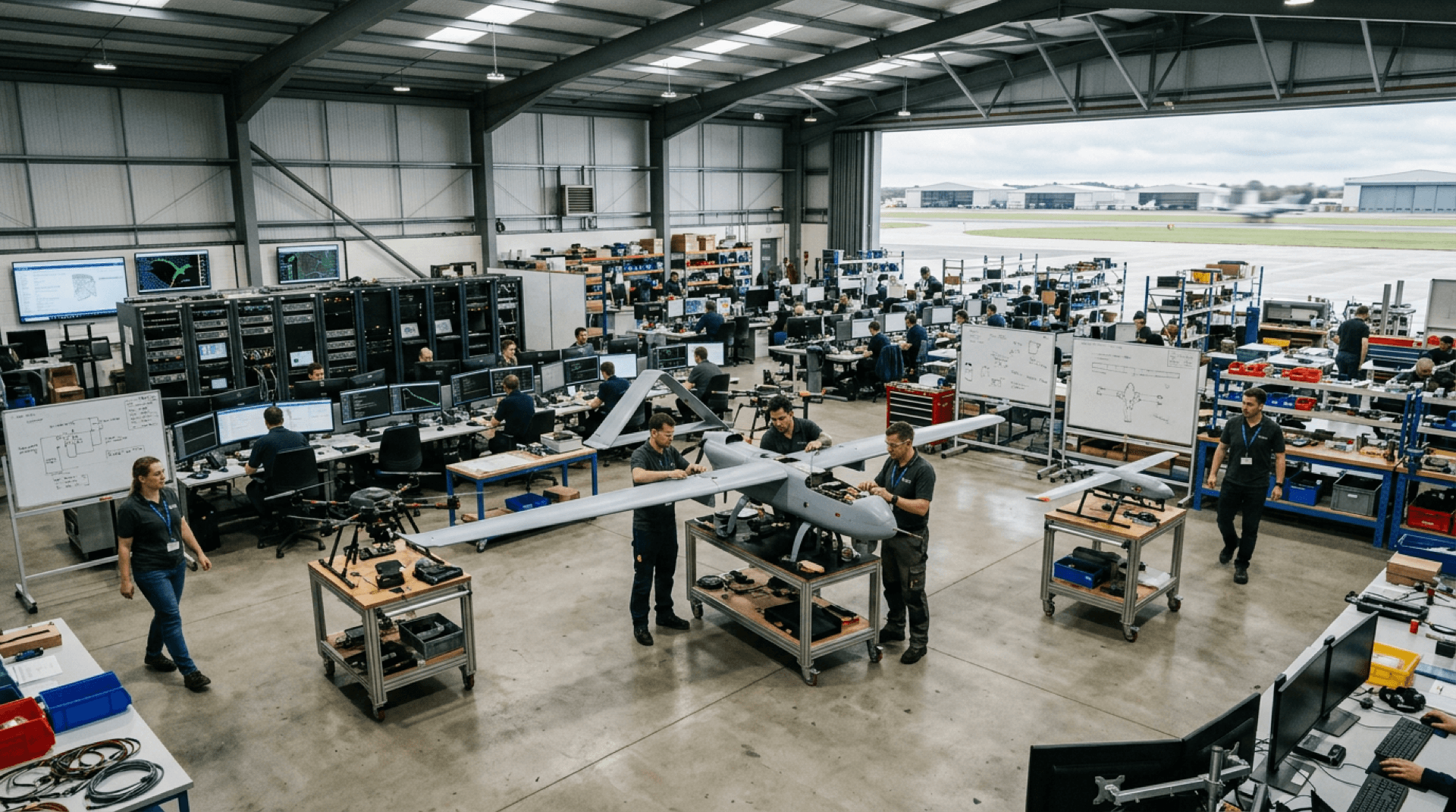 Wide view of a UAV program office with airframes, racks, and engineering workstations