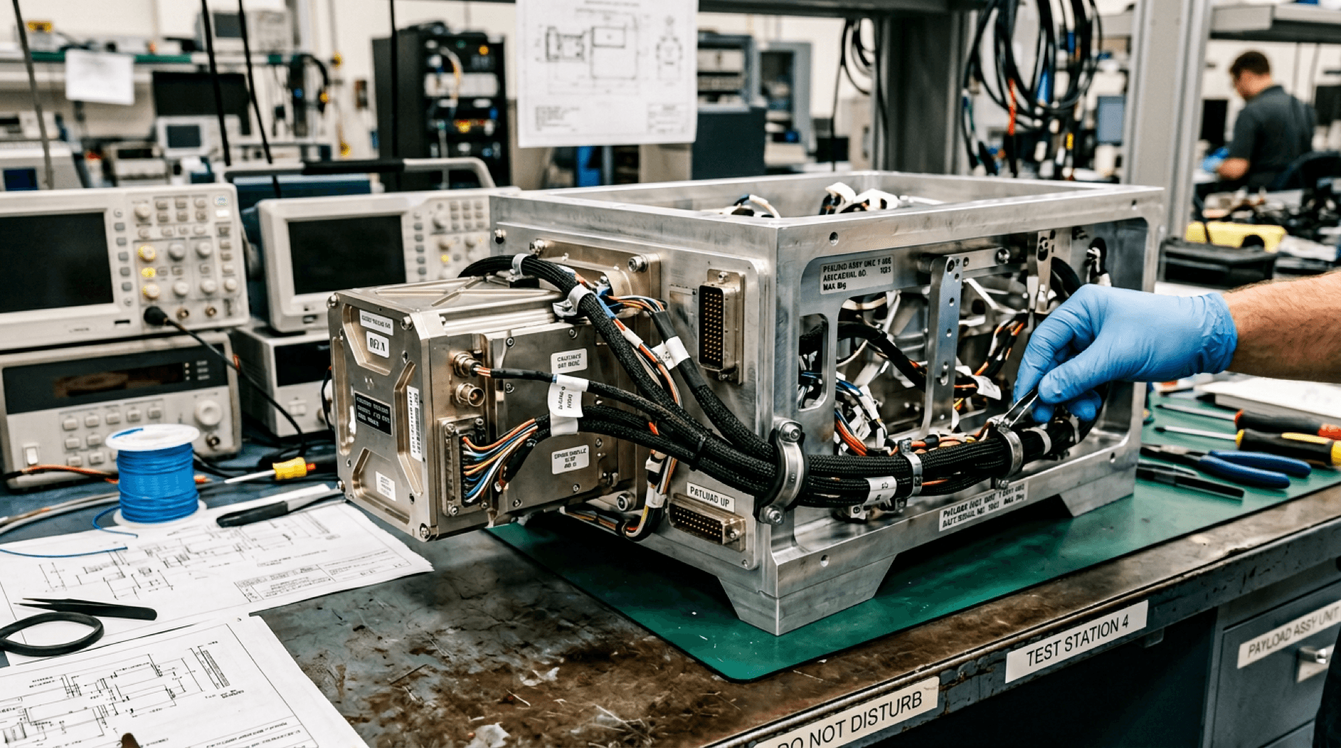 Payload bay integration with sensor module, harness, and strain relief on a bench