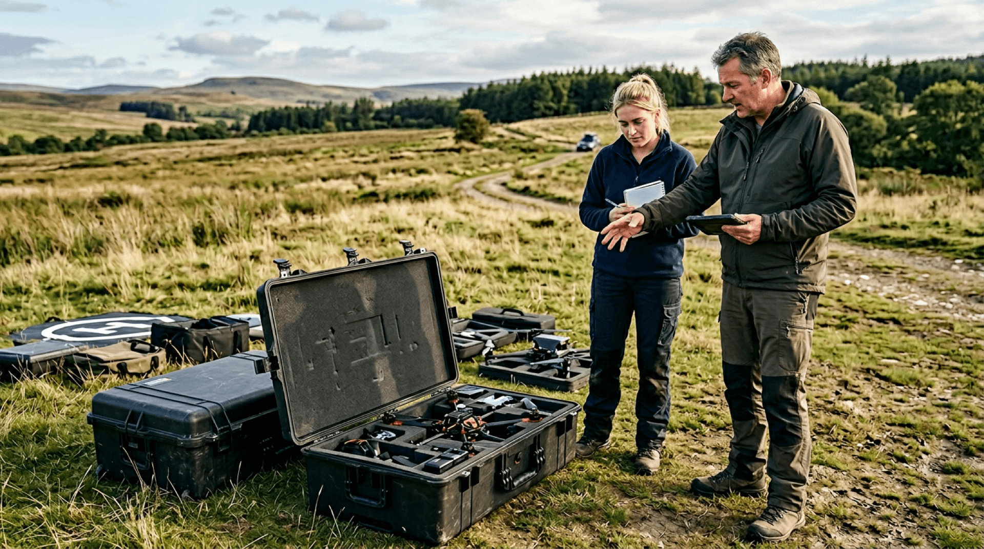 Instructor and trainee with UAV transport cases during an outdoor training session