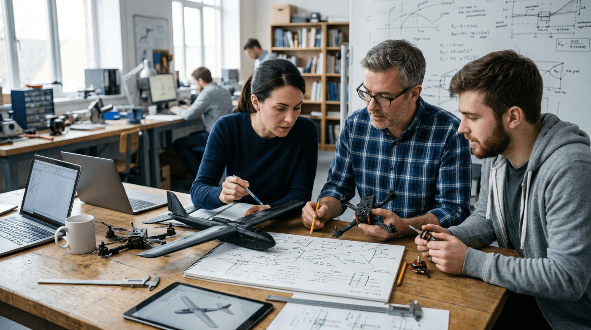 Engineers comparing small UAV airframe models and mission sketches on a conference table