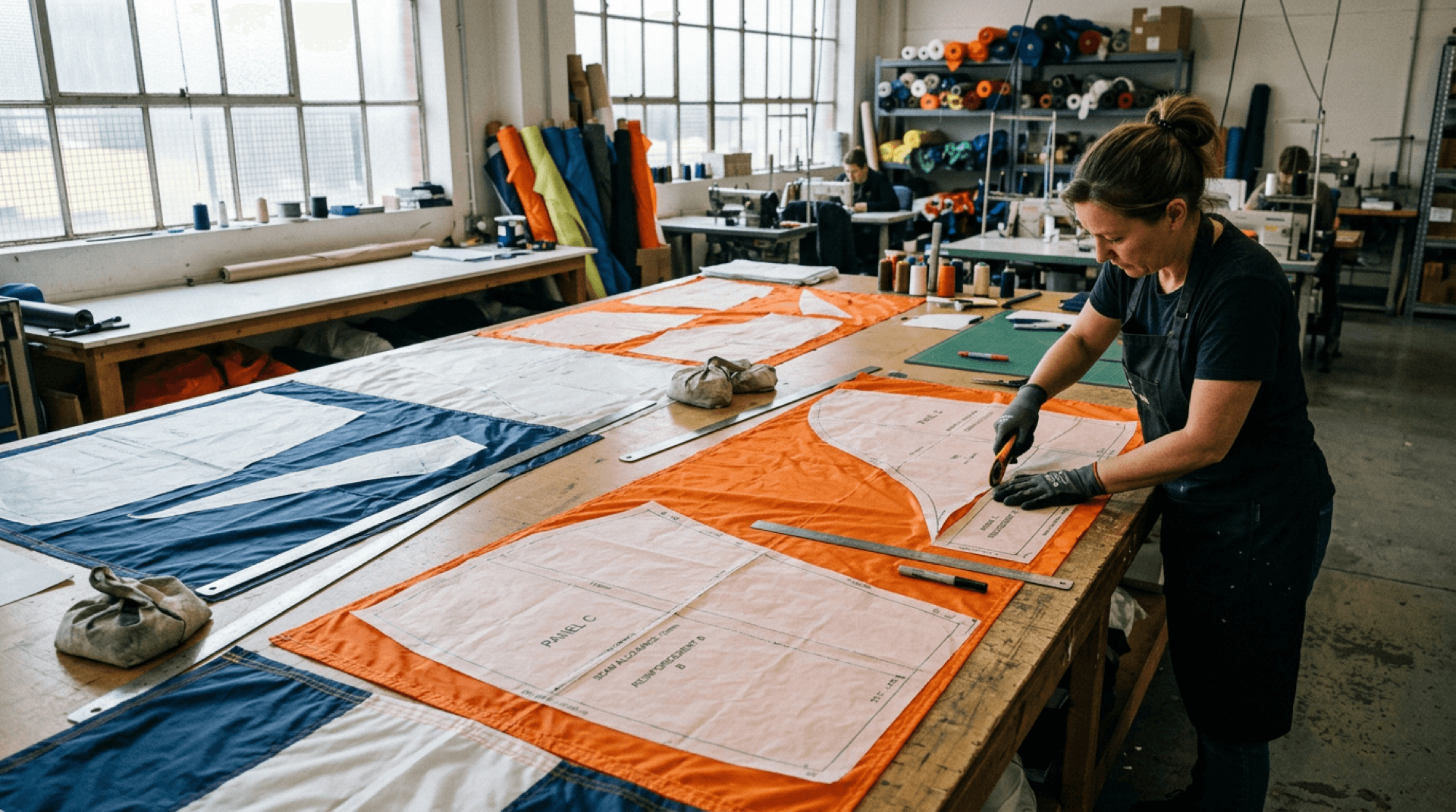 Parachute canopy panels and pattern templates spread on a large cutting table