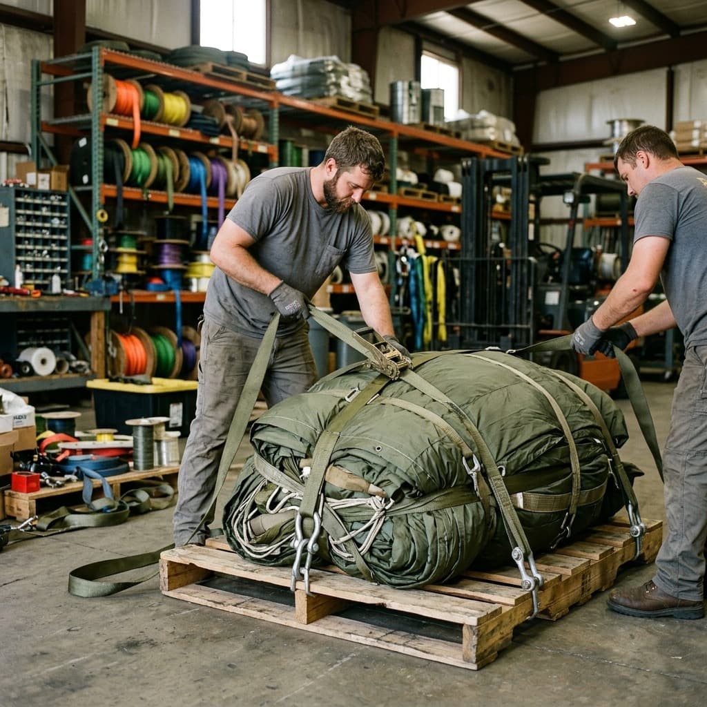 Large cargo parachute bundle on a hangar pallet with rigging hardware