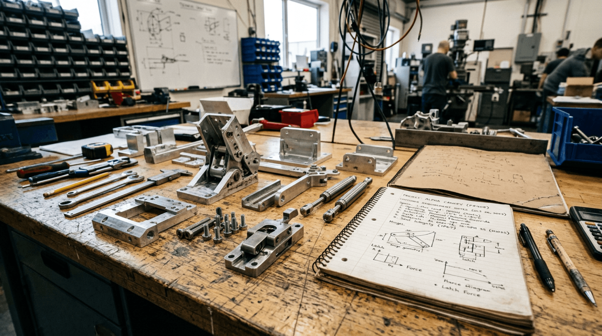 Prototype canopy hardware and customer requirement notes on a project bench