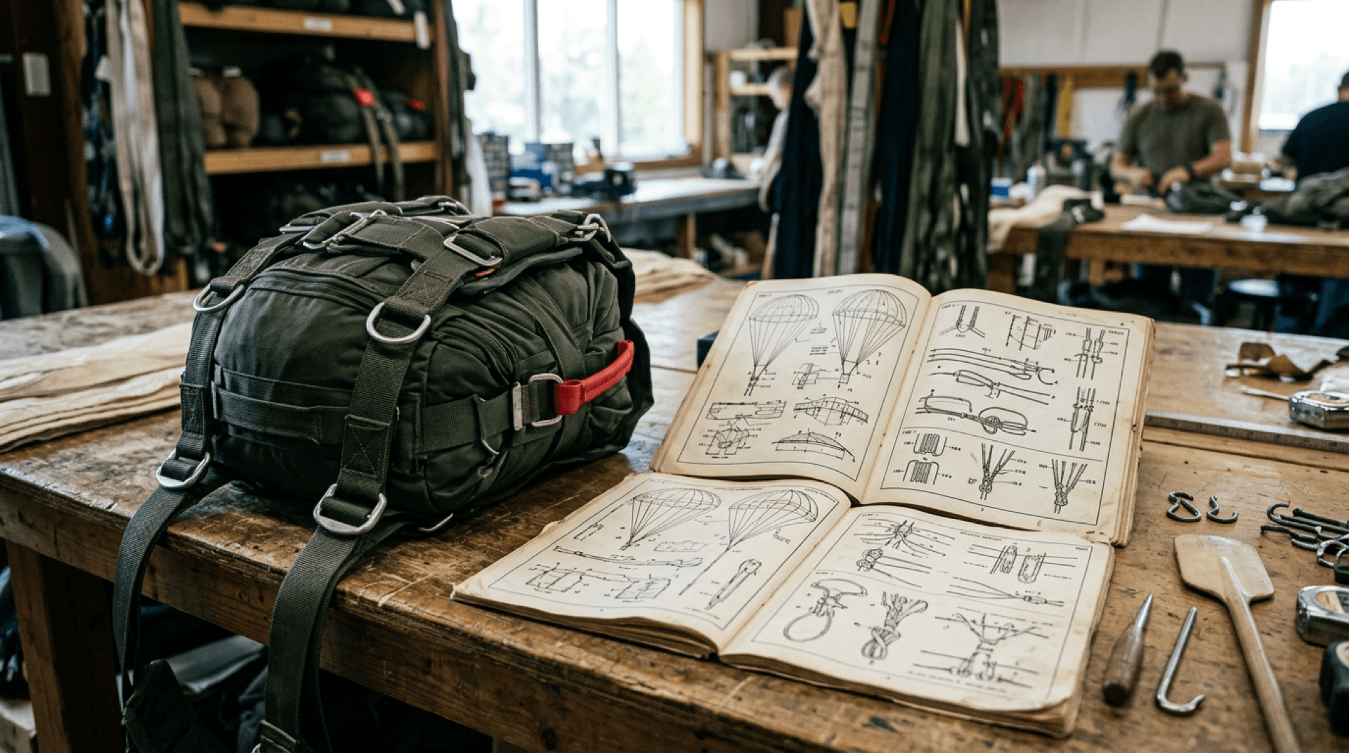 Technical illustrations and rigging manuals open beside a packed parachute