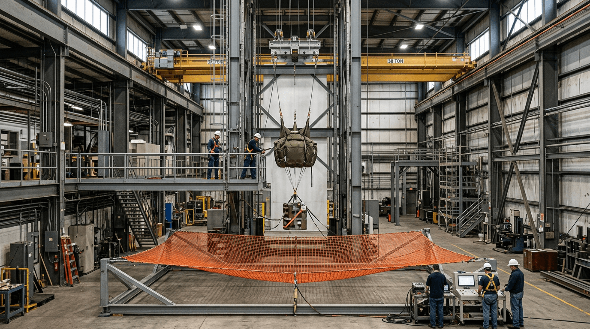 High-bay drop-test rig with parachute article staged above a catch net