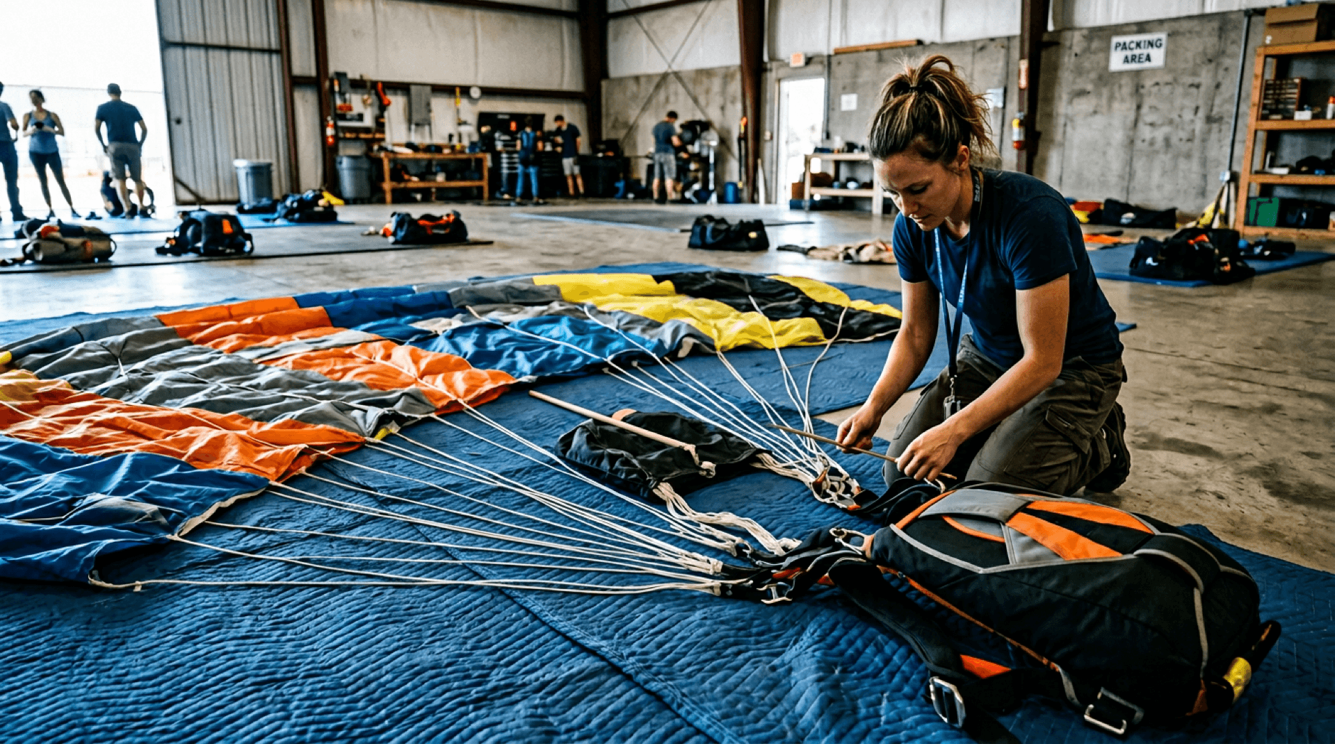 Sport parachute rig laid out for inspection on a packing floor