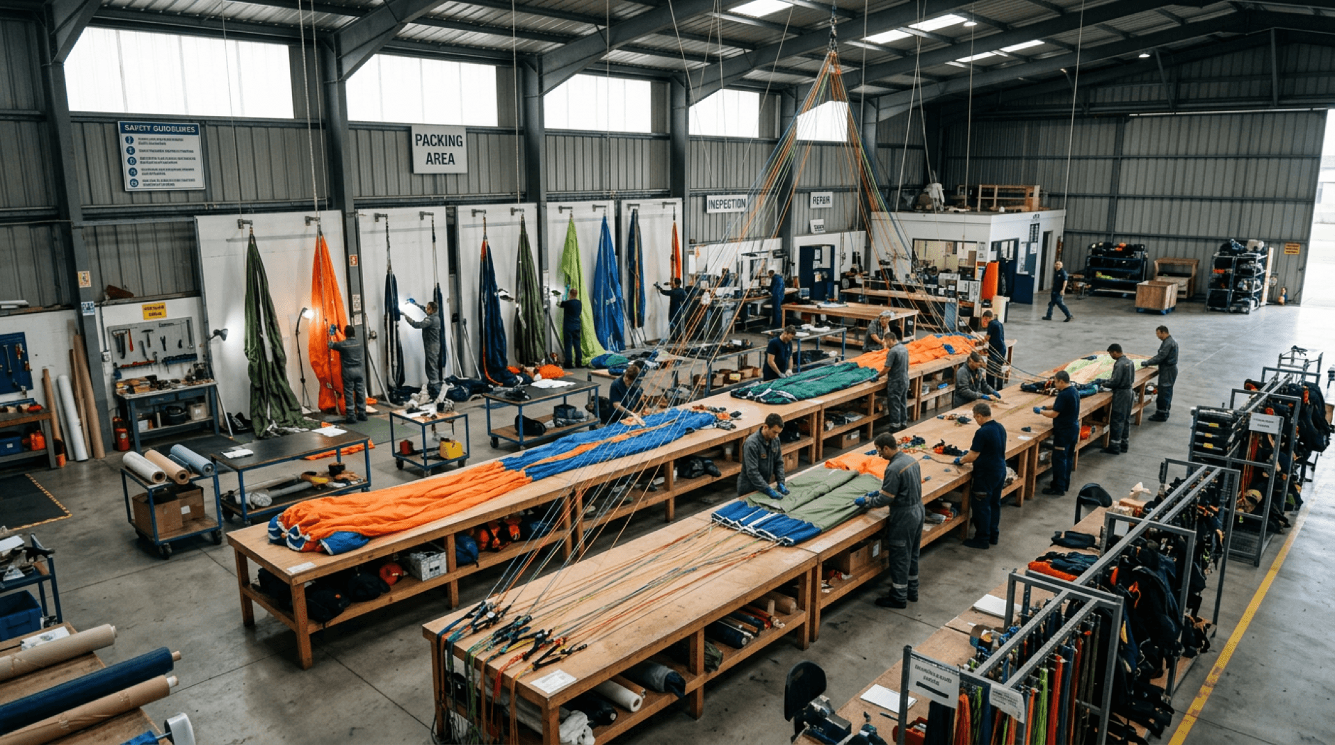 Parachute workshop overview with packing tables, lines, and inspection stations
