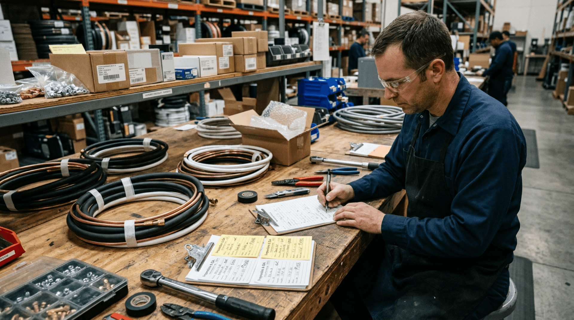 Repack bench with line sets, tools, and inspection cards