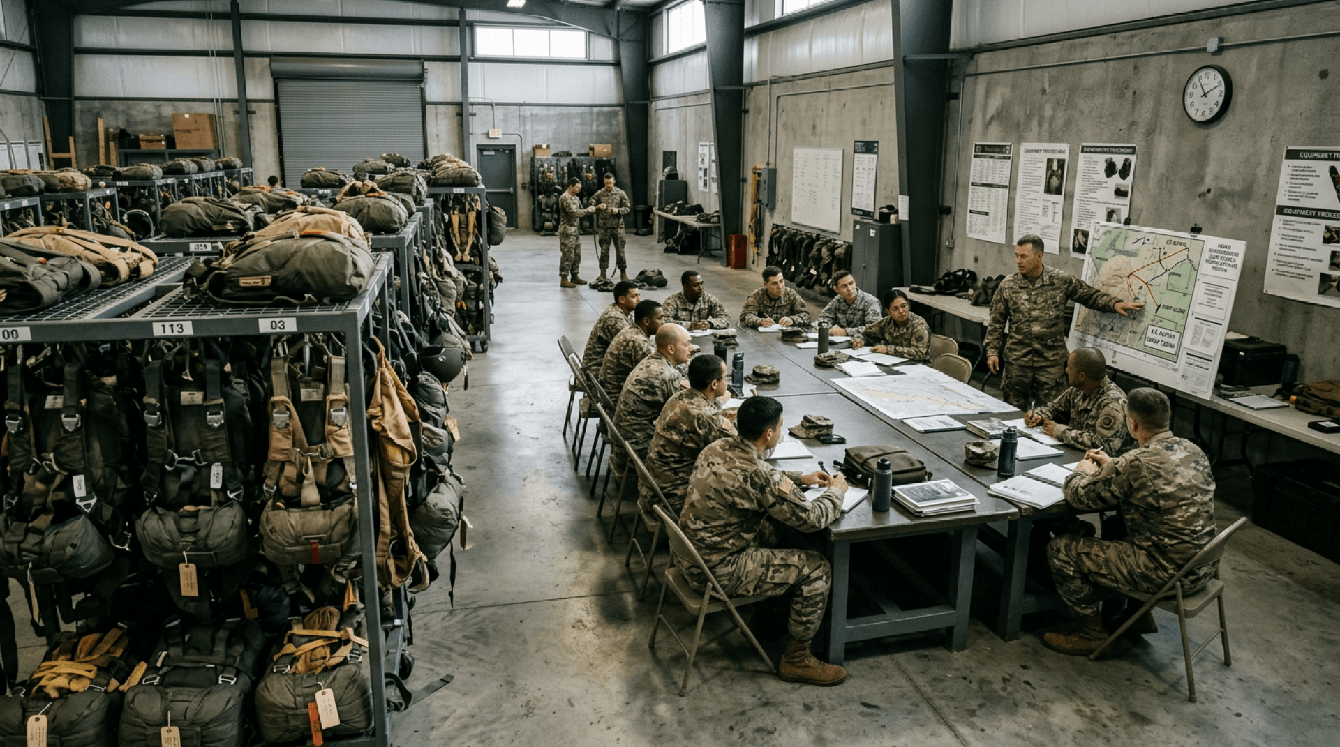 Training class with parachute gear racks and briefing tables