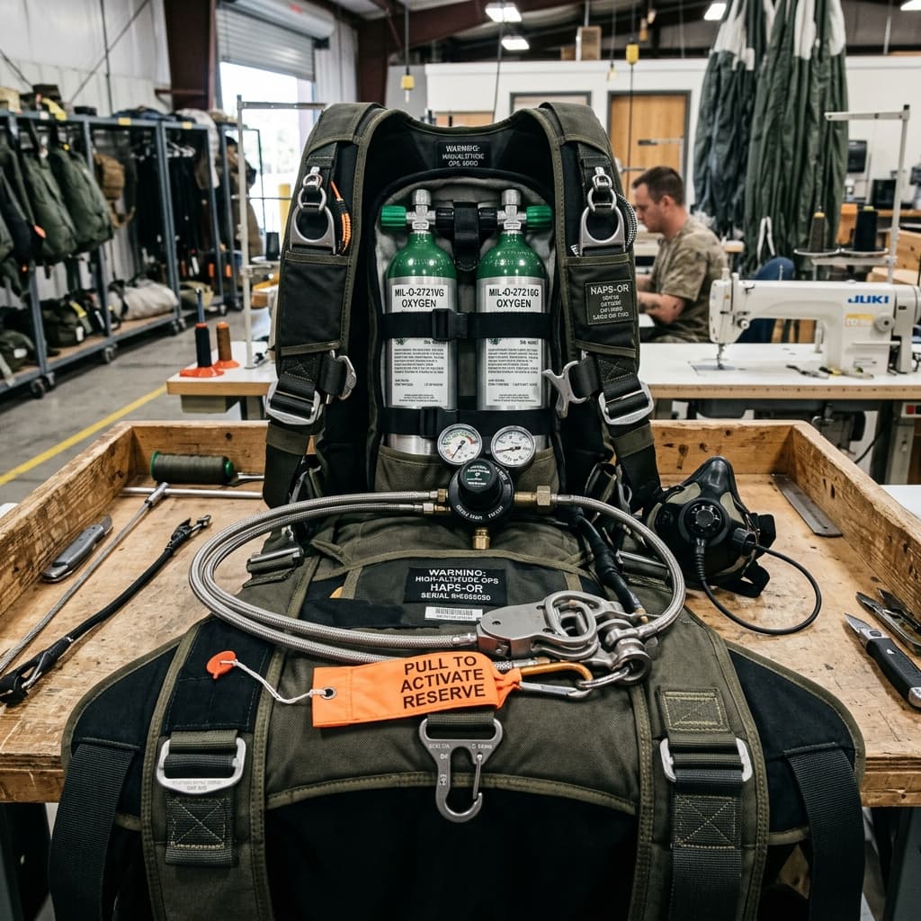 High-altitude tactical parachute system with oxygen rig on a packing tray