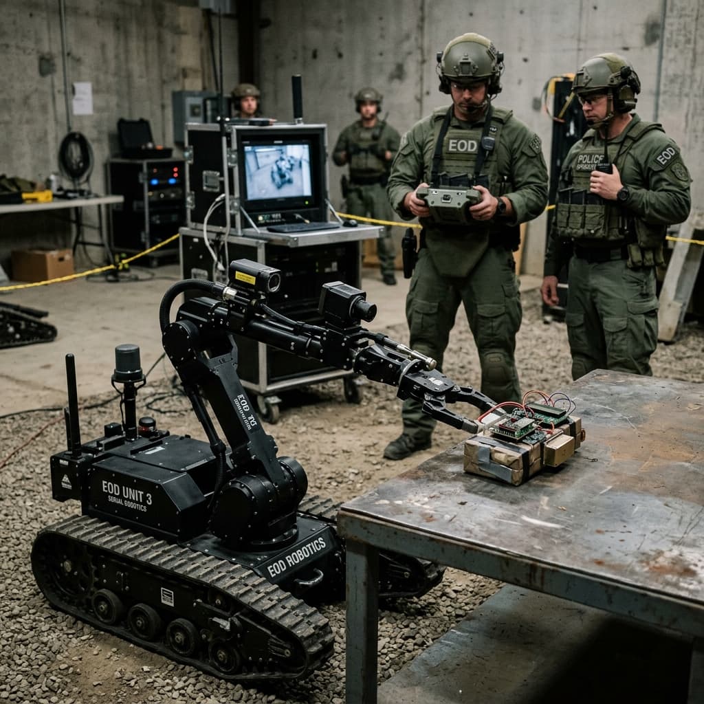 A heavily armored counter IED military robotics platform inspecting a hazardous object