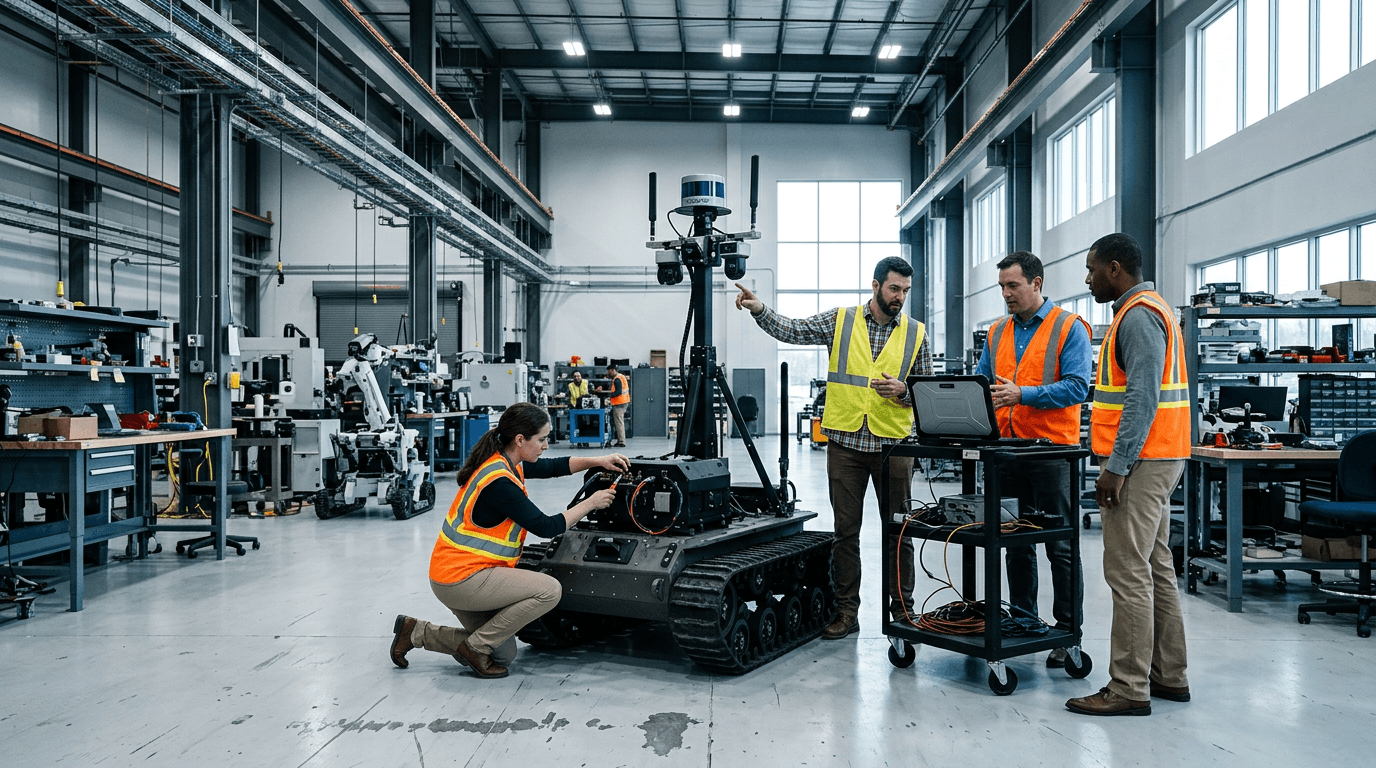 3D robot simulation on monitor next to a physical robot arm