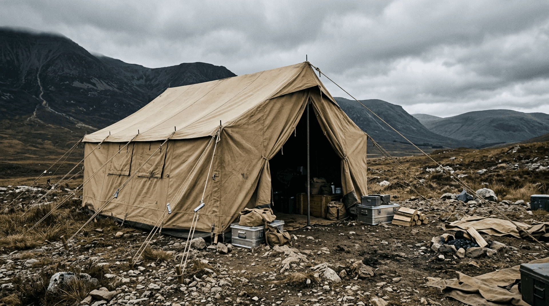 Large expedition shelter in rugged terrain with tensioned fabric and guy lines