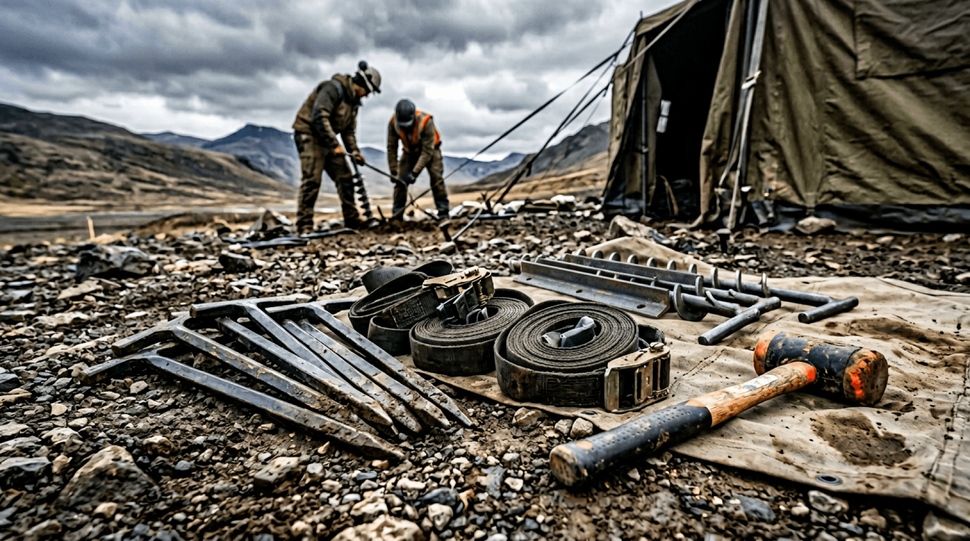 Heavy stakes, straps, and earth anchors laid out on rocky ground for shelter anchoring