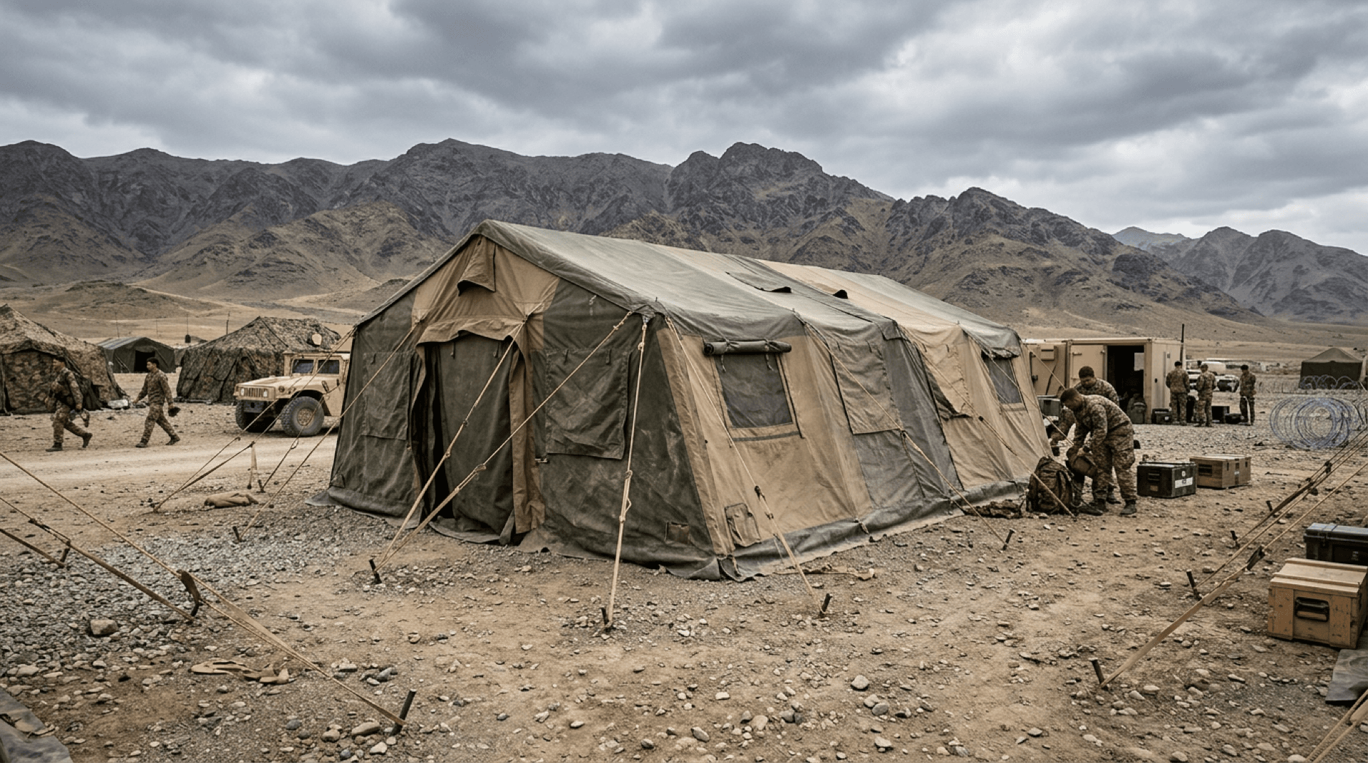 Large military expedition shelter in open training terrain with distant ridgelines