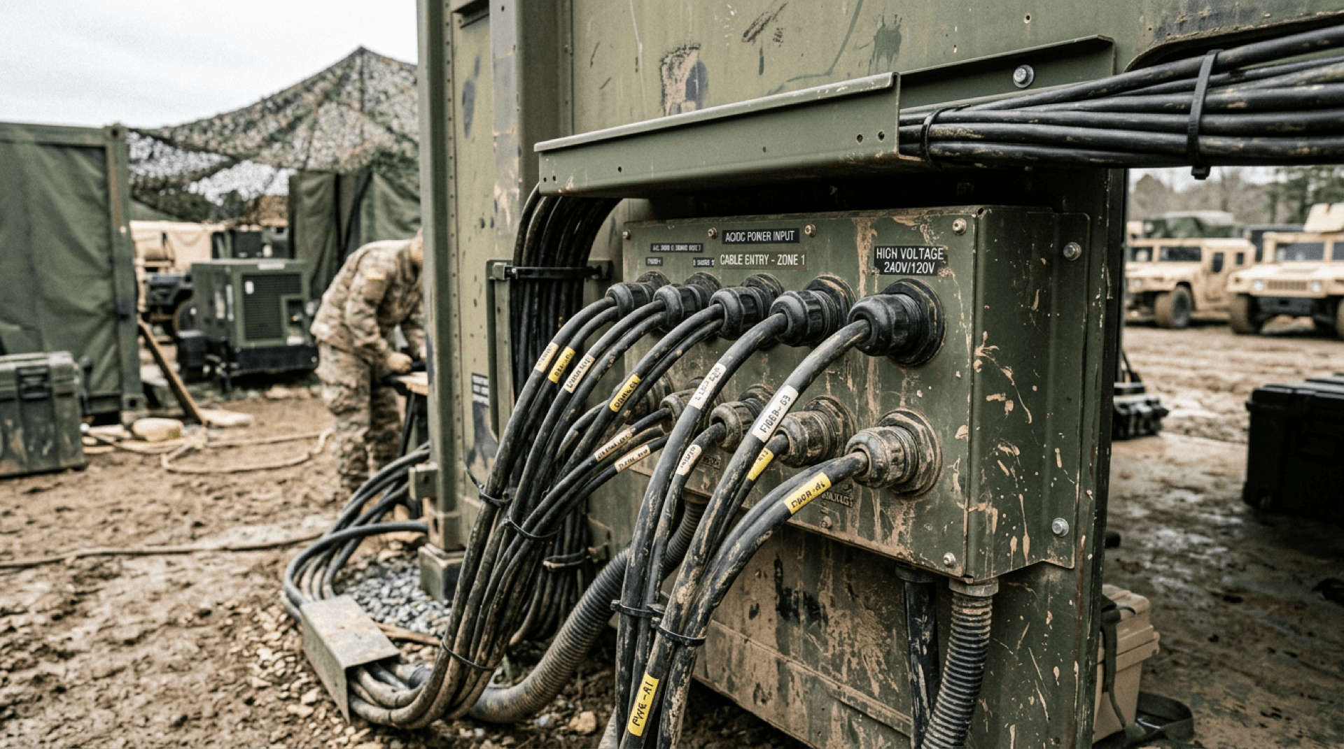 Cable penetrations and power trunking at a military shelter sidewall interface