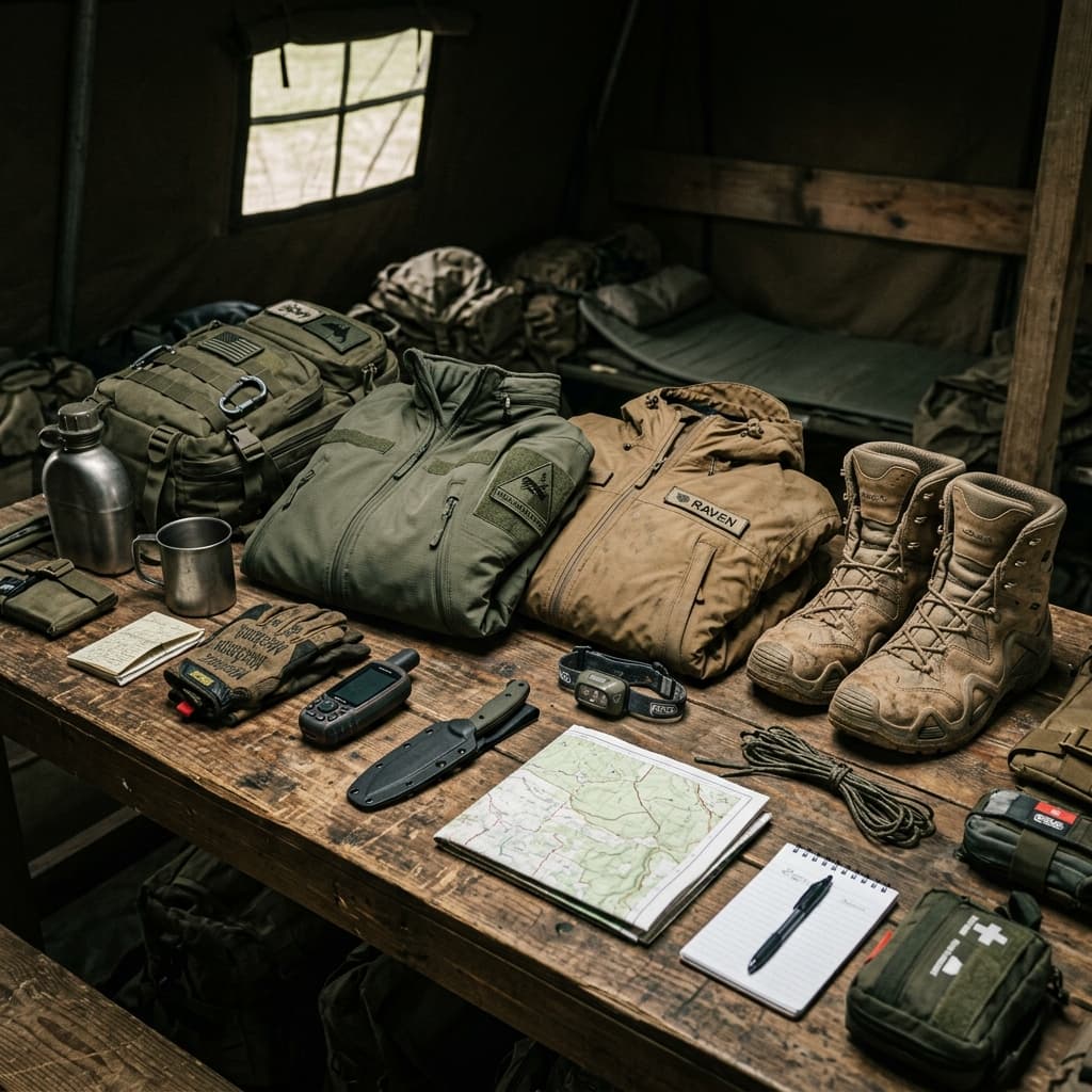 Rugged tactical jackets, combat boots, and military outdoors equipment arranged on an expedition table
