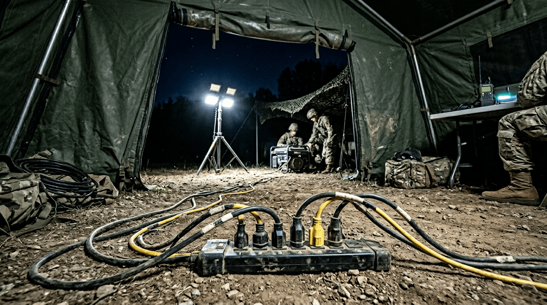 Field LED lighting and portable generator feeds at a shelter power strip