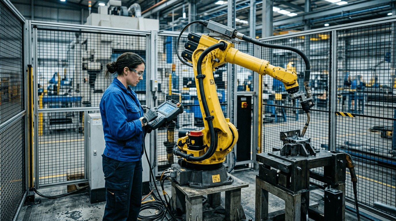 Industrial robot cell with technician using teach pendant for integration testing