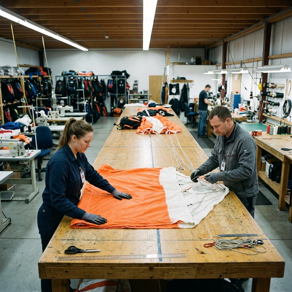 Riggers inspecting a canopy on a long inspection table before packing for deployment testing