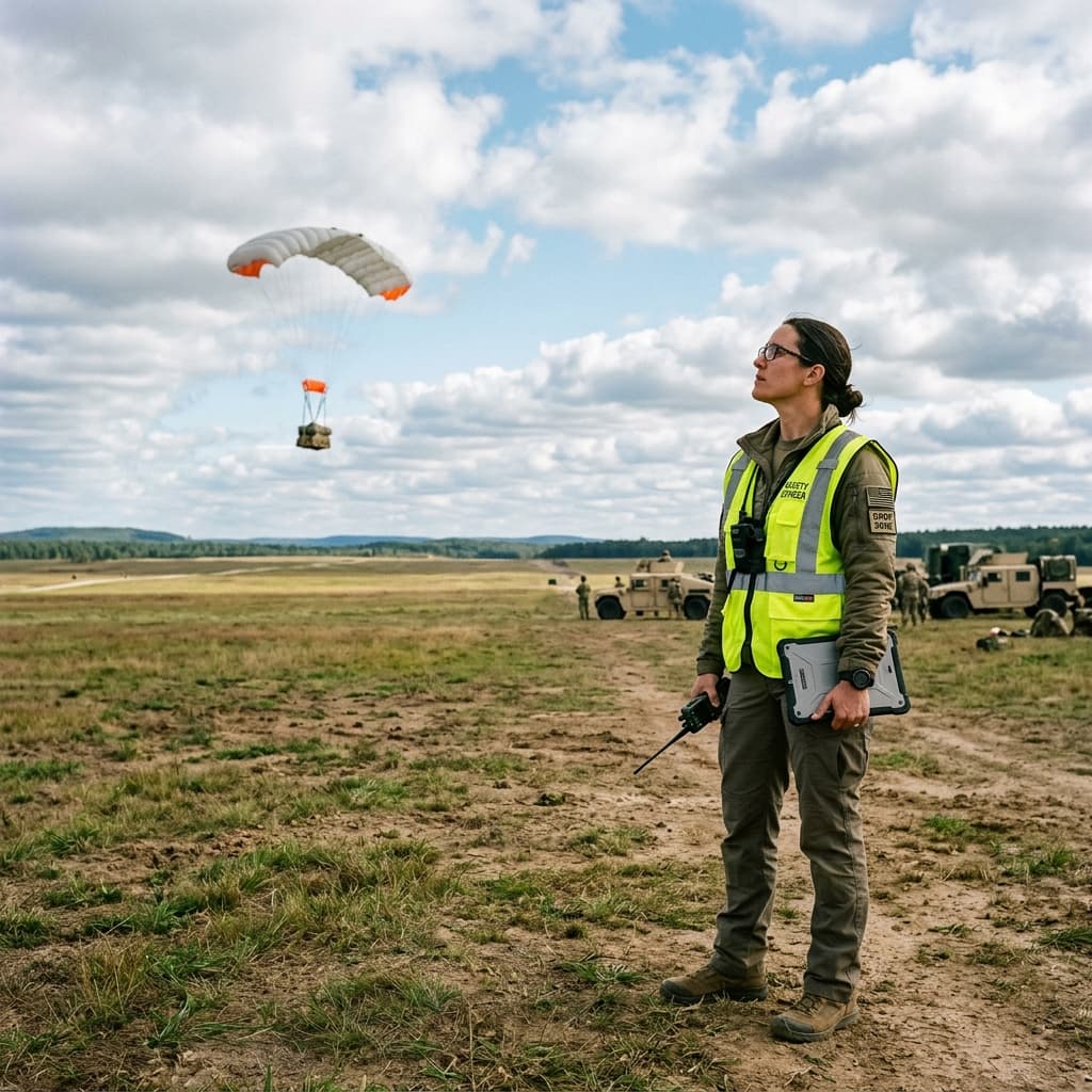 Safety officer watching a parachute deployment unfold at a training drop zone