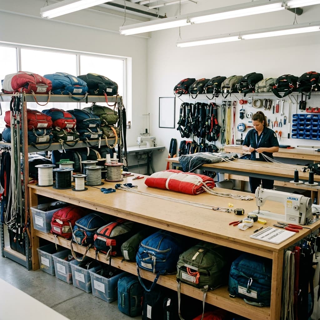 Equipment loft with flight and parachute bags on shelving above a sewing bench