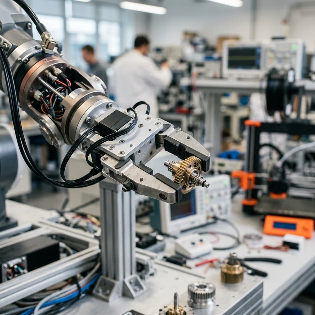 Close-up of a rugged robotic arm executing a delicate manipulation on a complex package