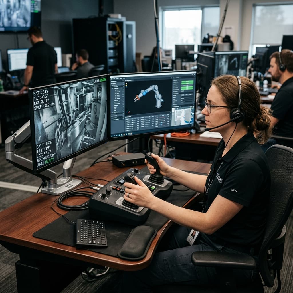 EOD technician sitting at a dual-screen control console observing multiple high-fidelity camera feeds