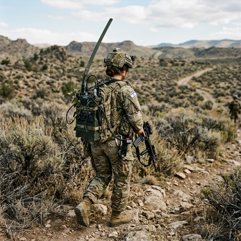 Soldier in the field carrying a radio pack with antenna