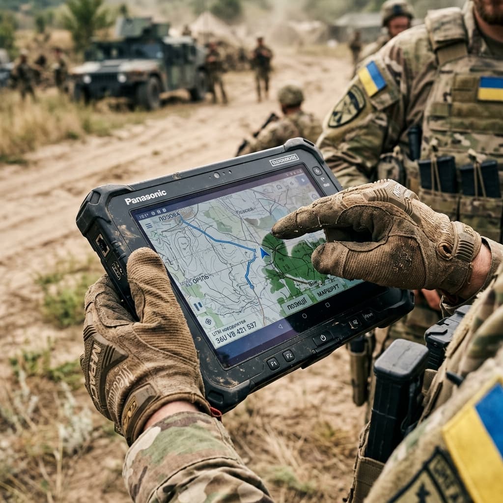 Soldier reading a digital map on a rugged tablet in bright, dusty outdoor conditions