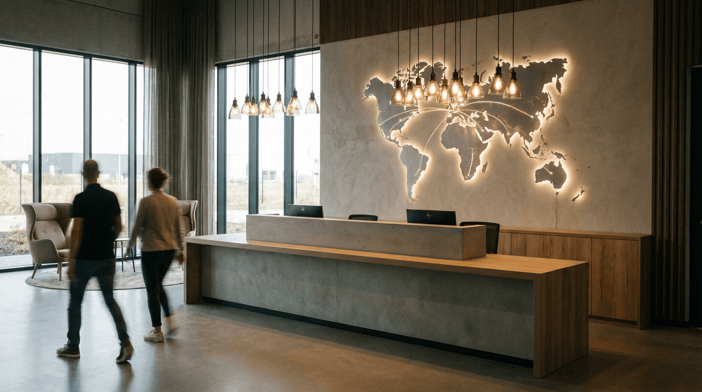 Reception and lobby of a regional delivery hub with welcoming light and global enterprise presence