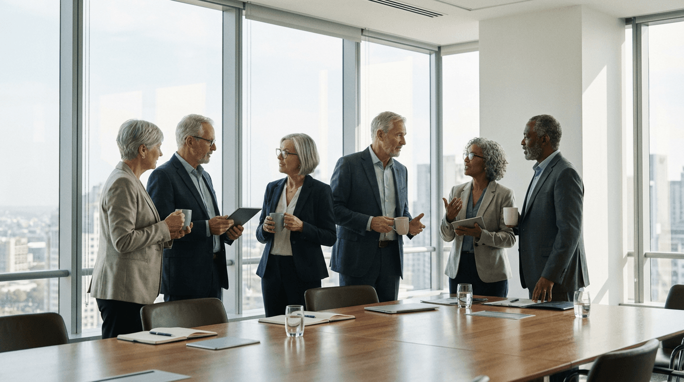 Leadership group in discussion before a boardroom session with daylight and restrained styling