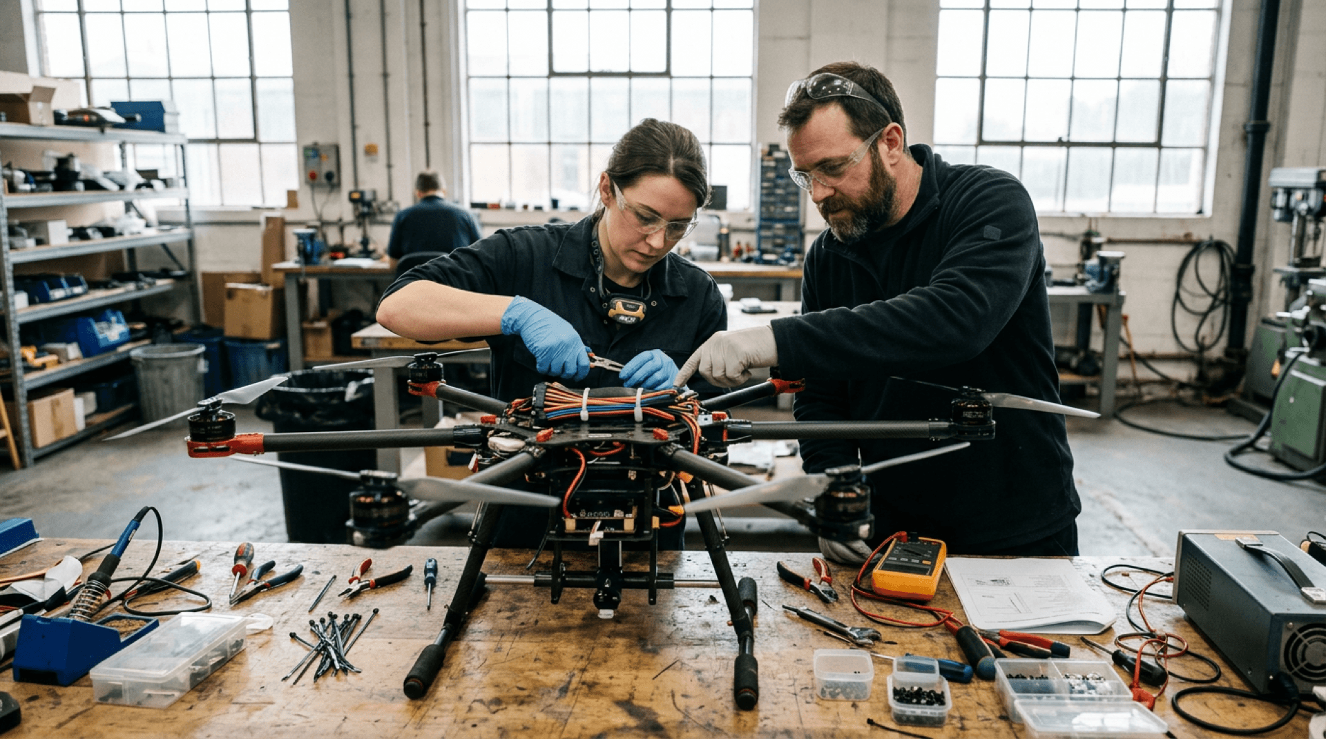 Engineers inspecting a multirotor UAV on a workbench in a flight workshop with natural daylight