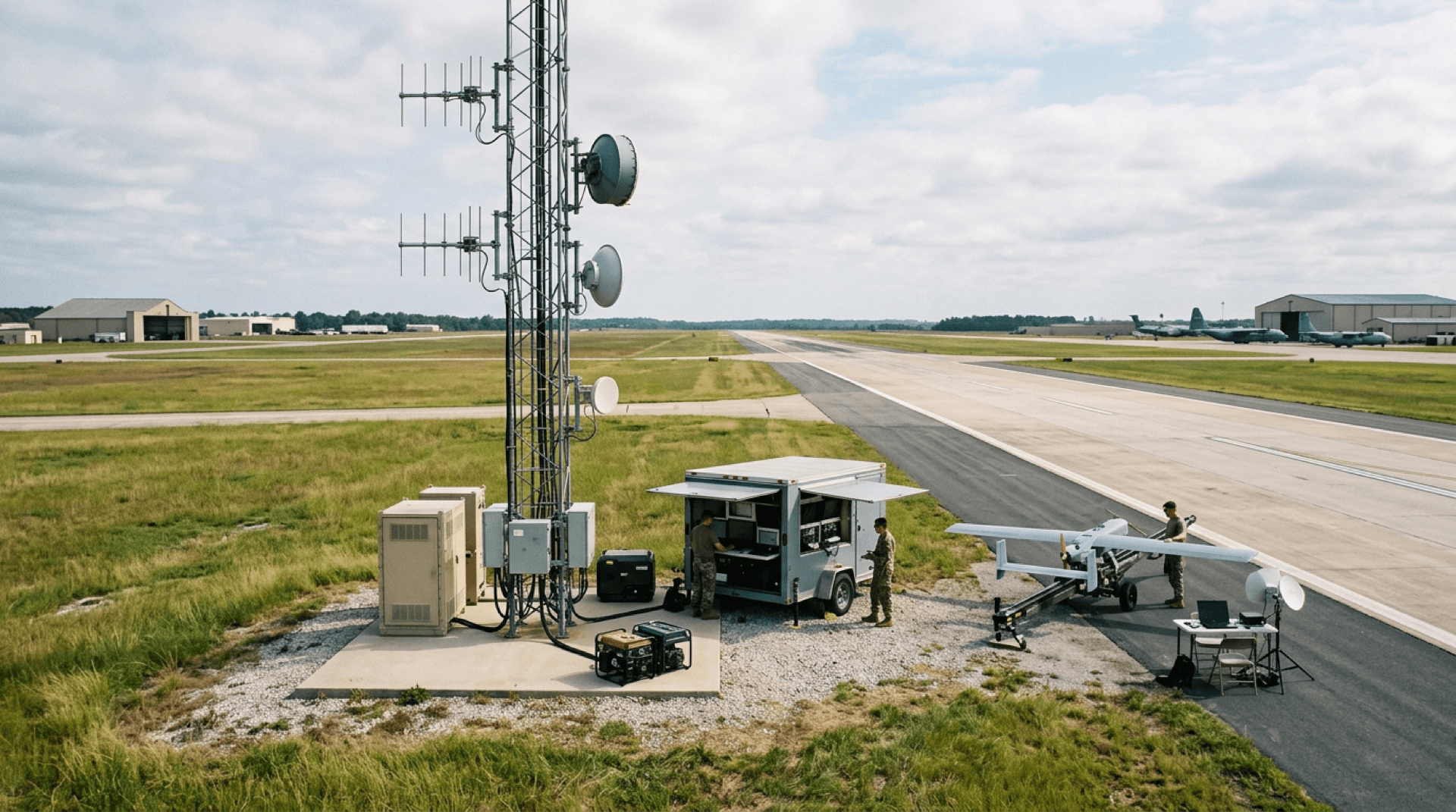 Communications mast and datalink equipment beside a runway with a small UAV staged nearby