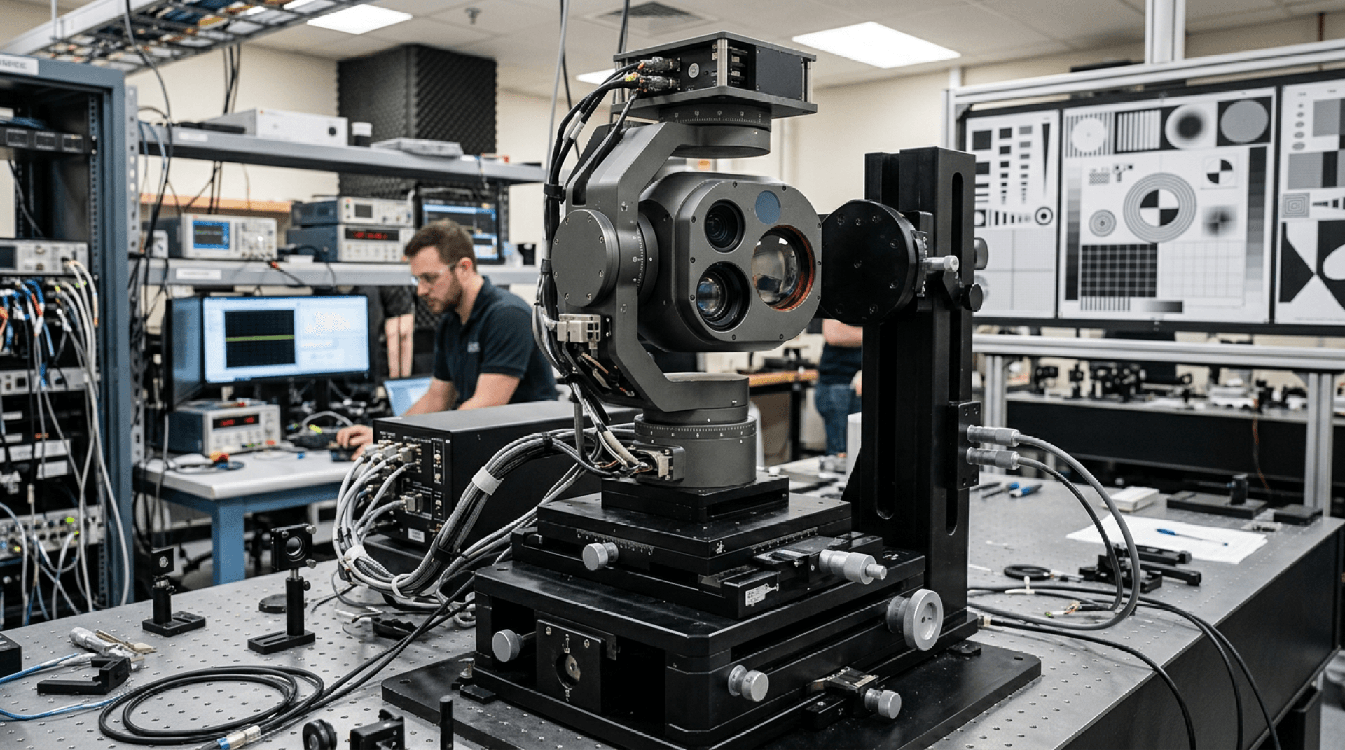 Gimballed EO/IR camera payload on a calibration fixture in a lab