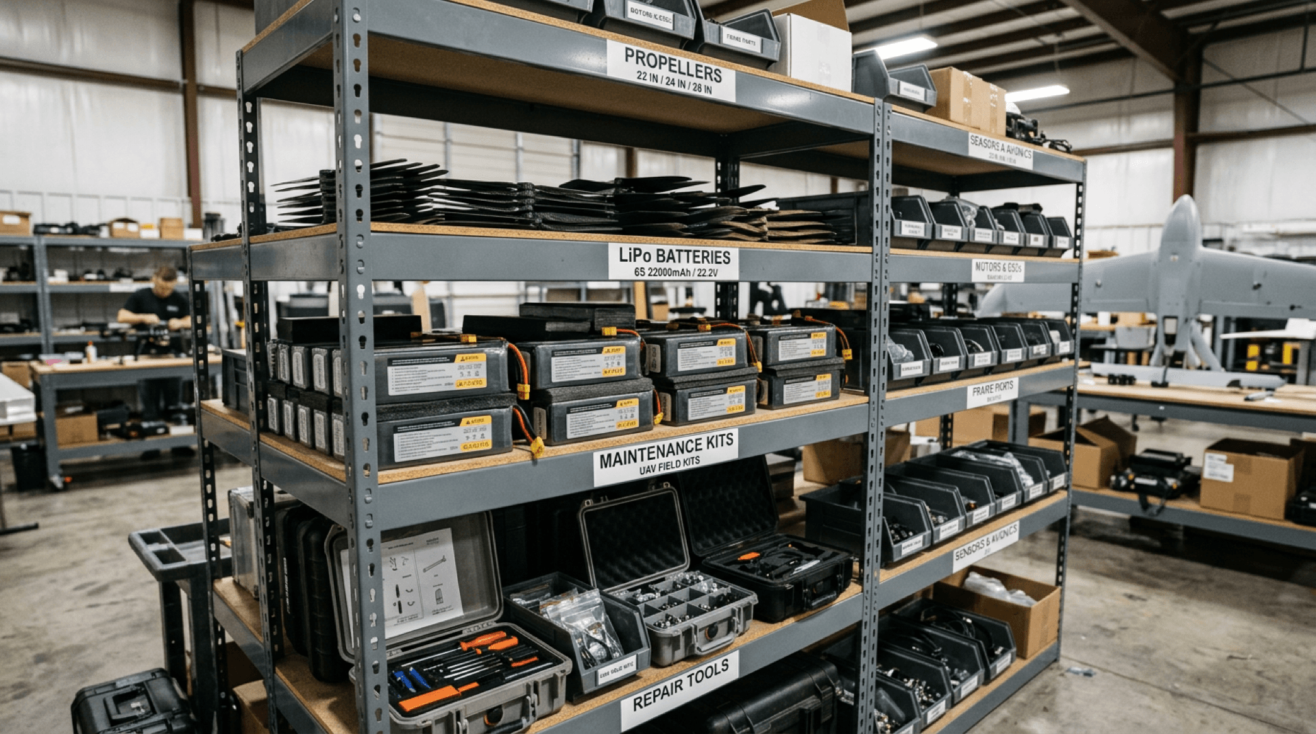 Labeled spares shelf with propellers, batteries, and maintenance kits for a UAV fleet