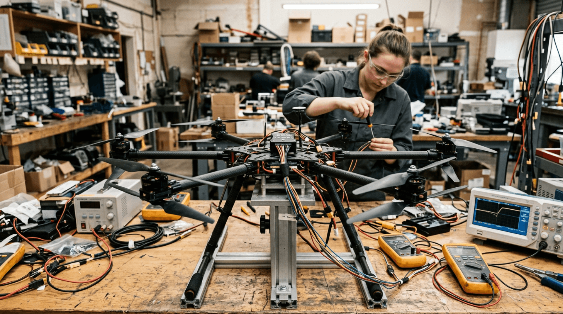 Multirotor UAV frame with propellers on a vibration-aware test bench