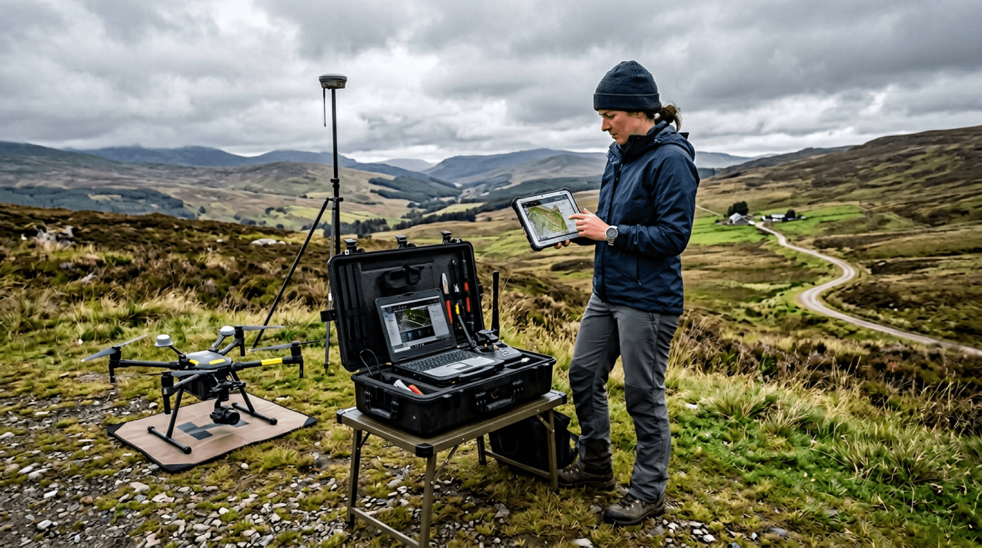 Survey planner with tablet beside a mapping UAV and ground control case outdoors