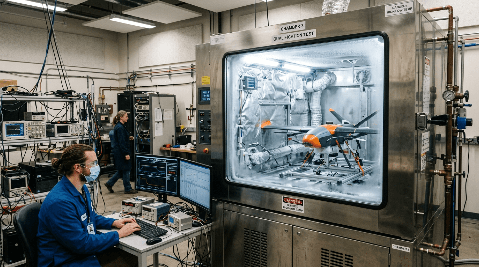 Qualification test setup with a UAV in an environmental chamber window