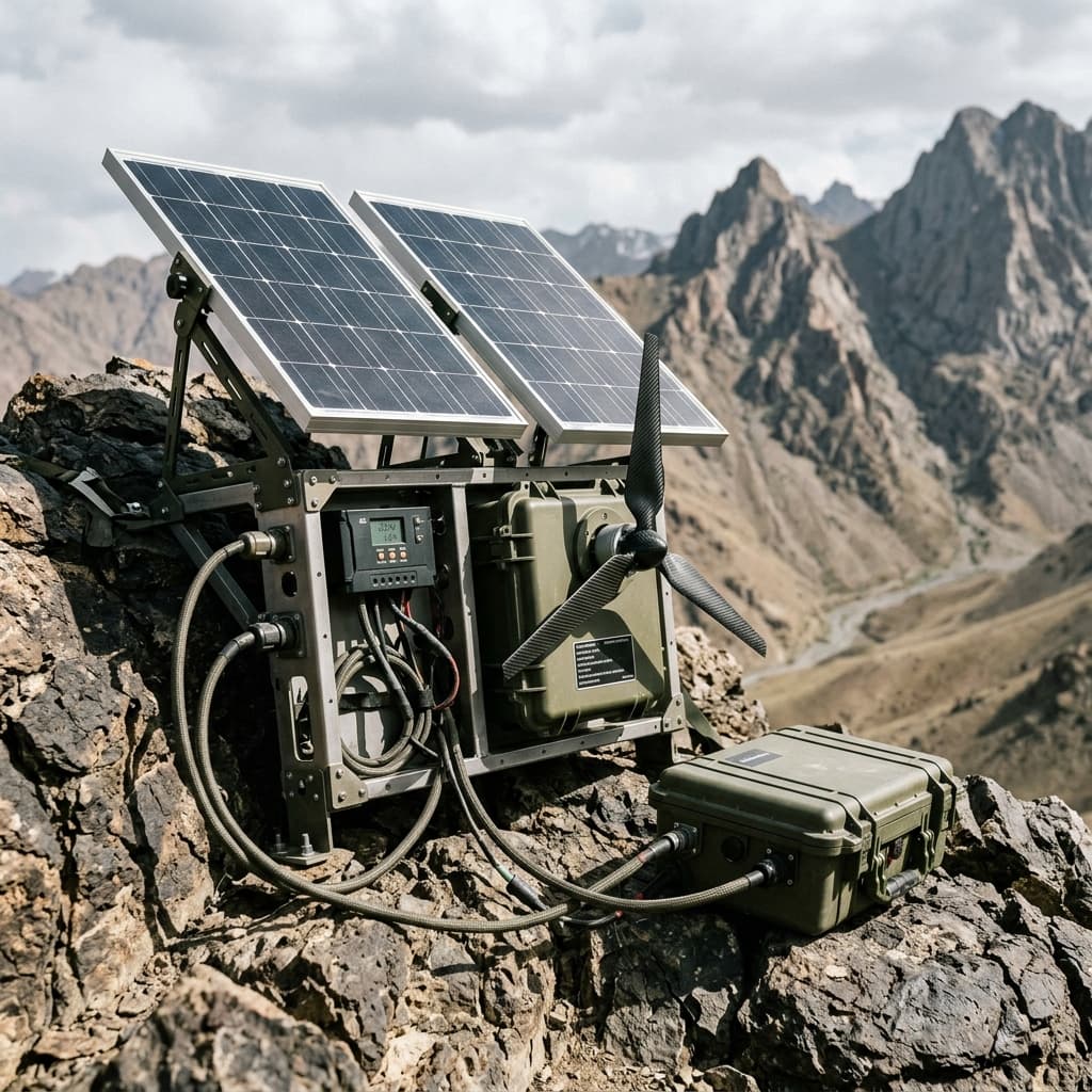 A rugged kinetic and solar hybrid energy harvesting module attached to a tactical surveillance post in a harsh desert environment