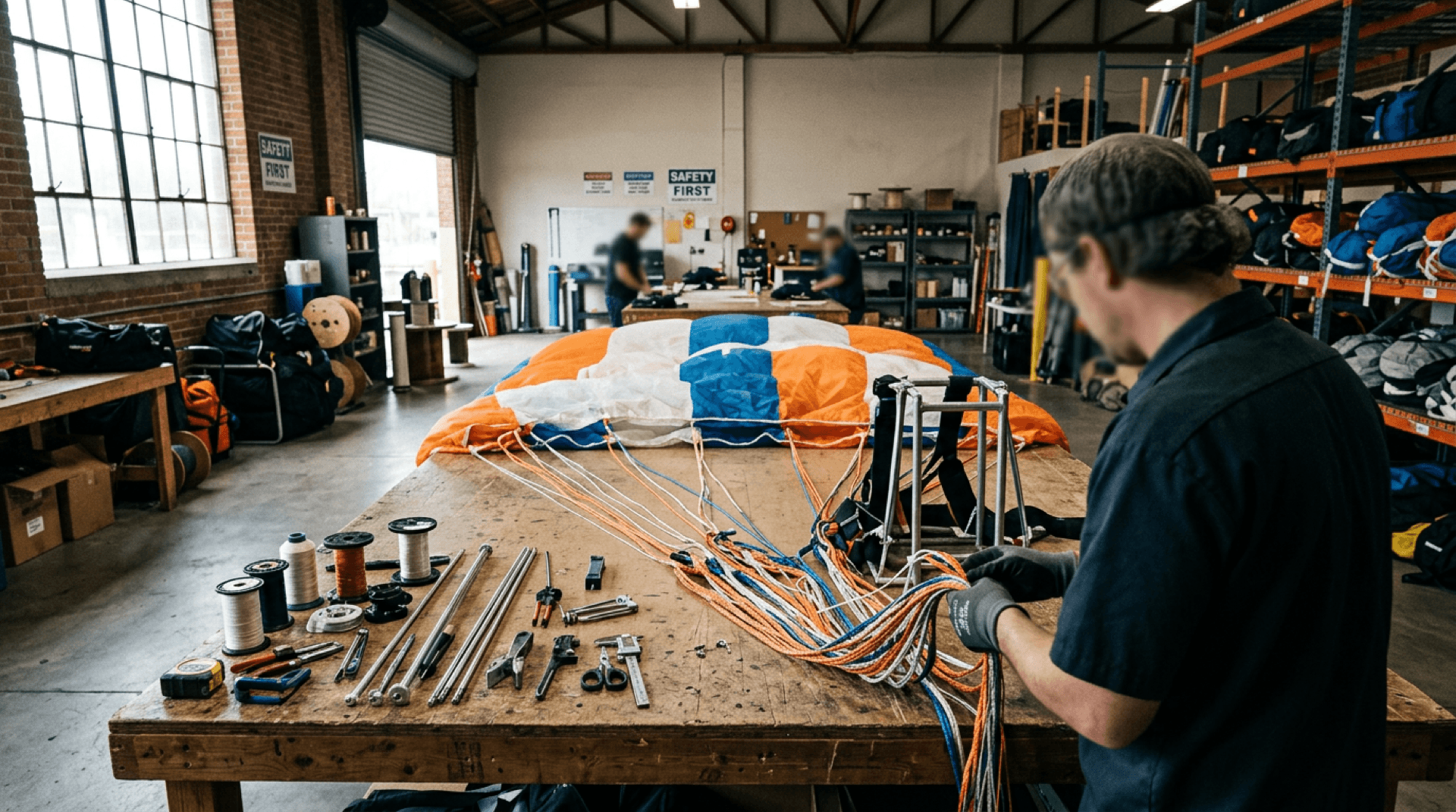 Parachute canopy spread on a rigging table with lines and packing tools in soft window light
