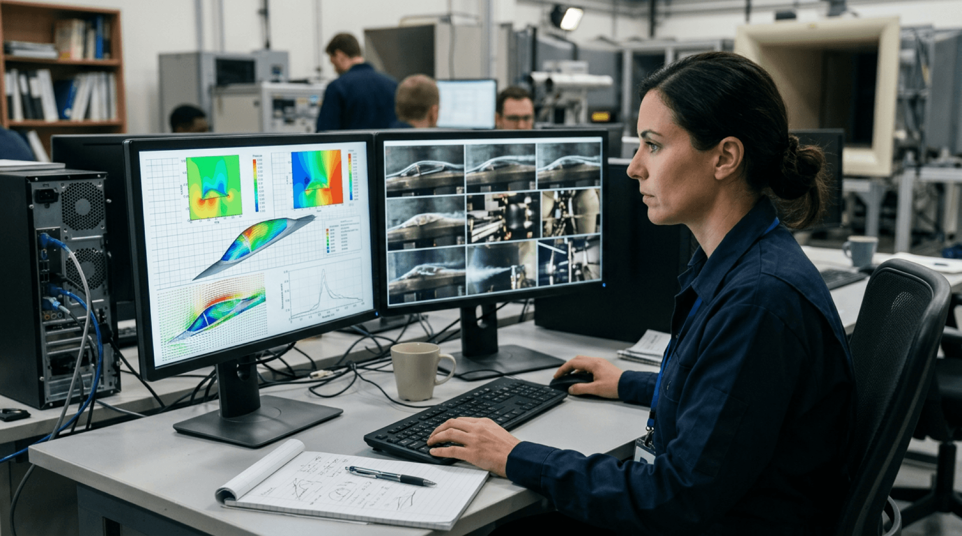 Engineer reviewing canopy aerodynamics plots and test photos on a workstation
