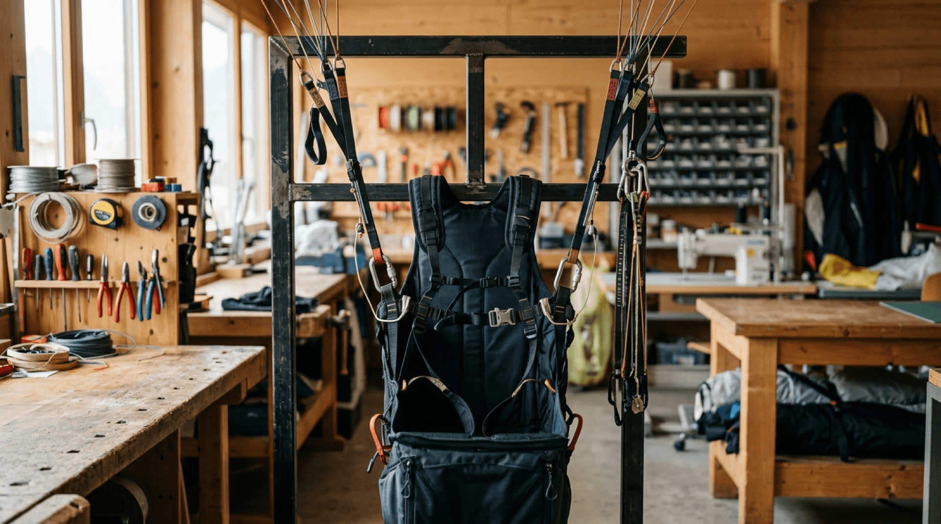 Harness and riser hardware assembled on a fitting stand in soft workshop light
