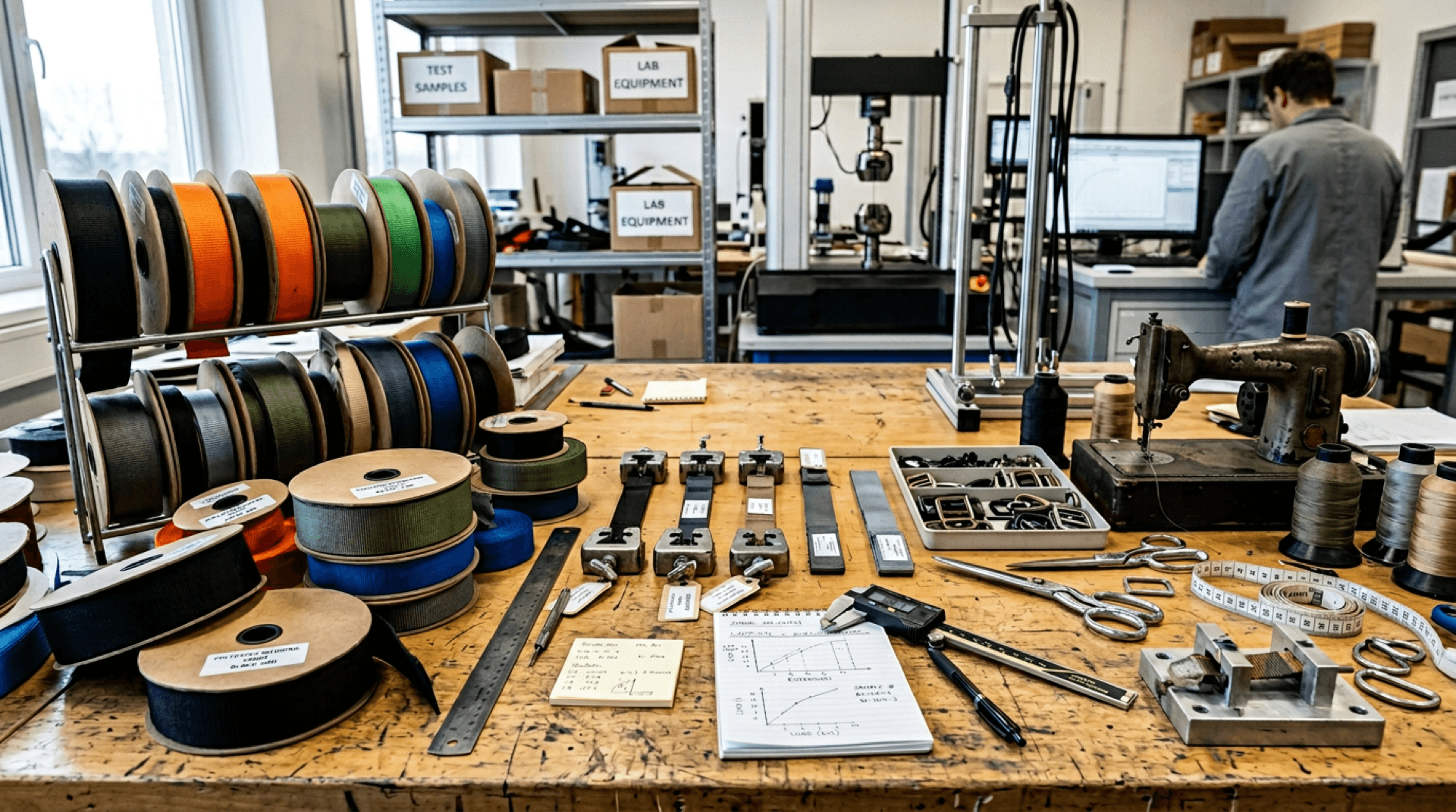 Webbing reels and sewing equipment on a production bench