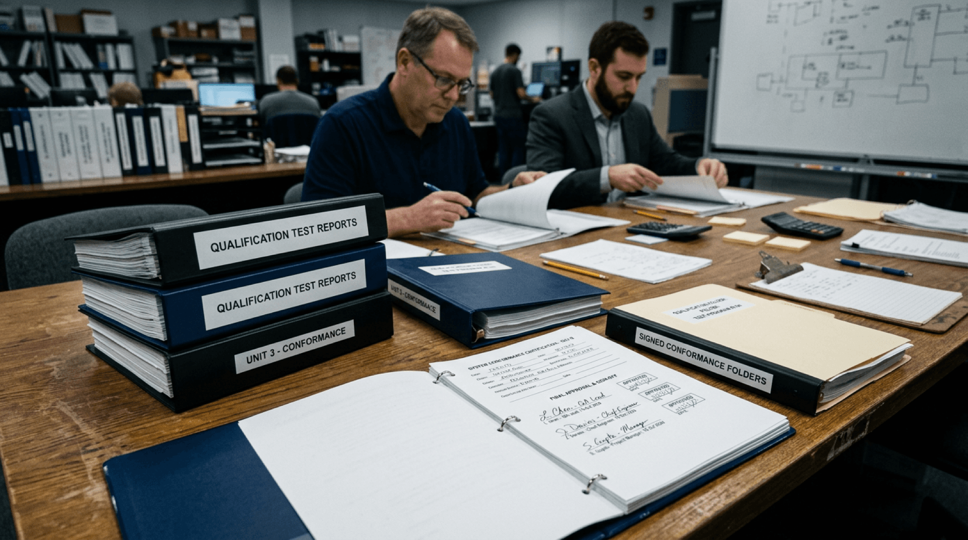 Qualification test reports and signed conformance folders on a review table